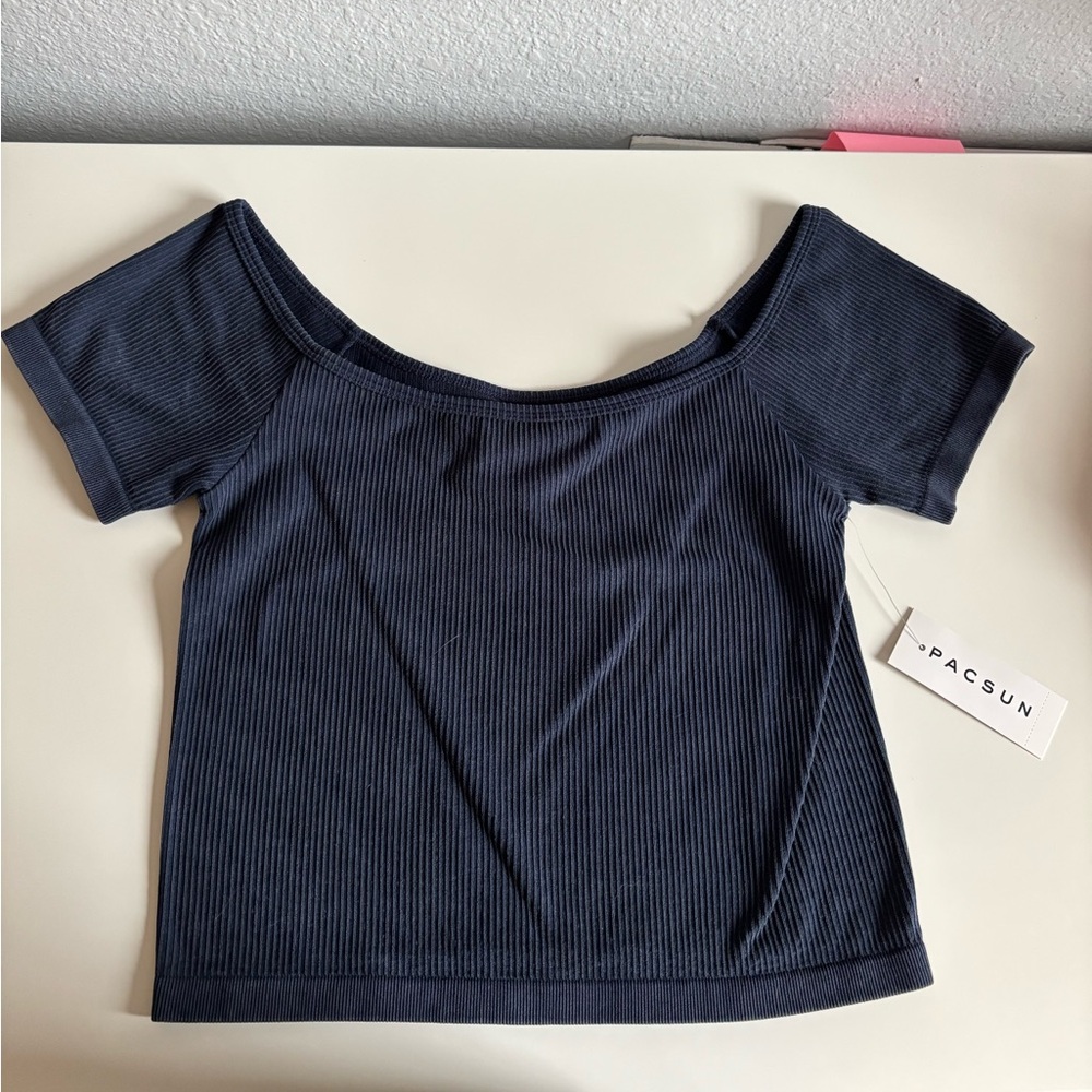 PacSun Navy Ribbed Off-Shoulder Crop Top